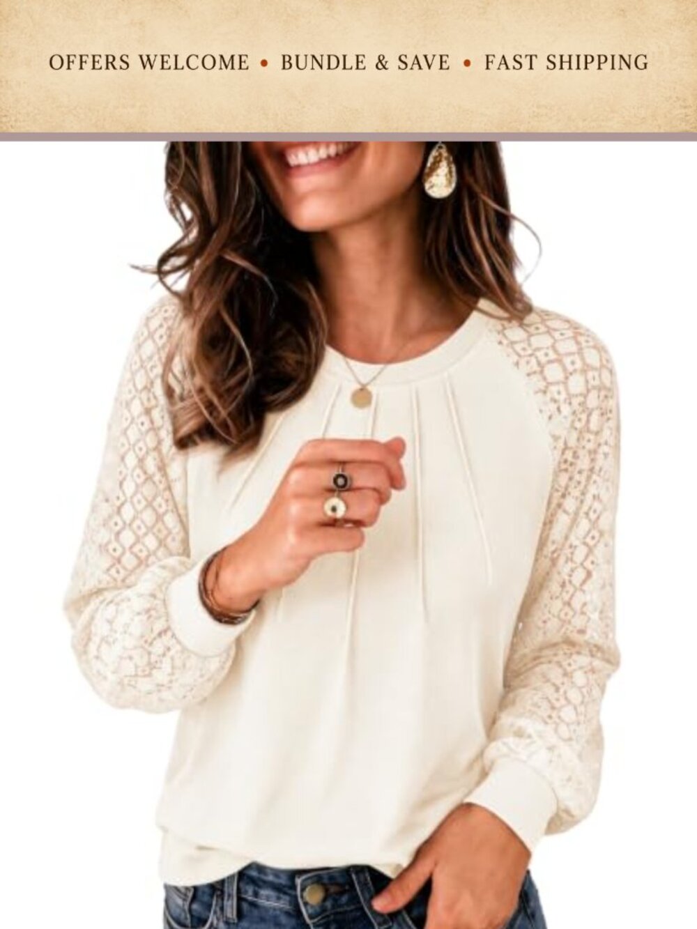 Lace Long Sleeve Blouse Pleated Business Casual Work Top
